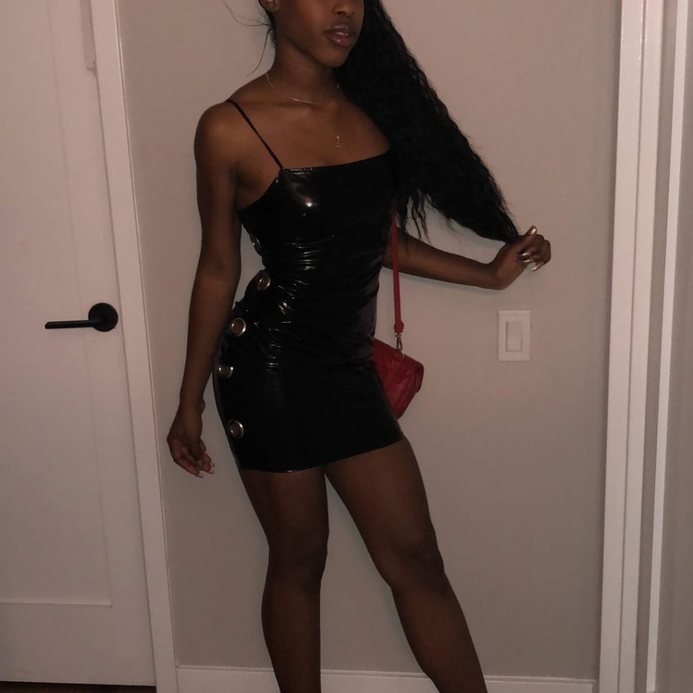 BlACK DRESS WITH SILVER CUTOUT CIRCLES ON SIDES - Picture 6 of 6